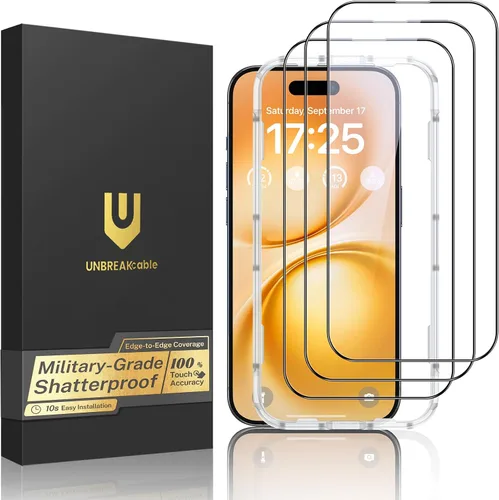 Vista 18 de UNBREAKcable Paquete de 3 protectores de pantalla para iPhone 15, vidrio templado doble a prueba de roturas [marco de instalación fácil]