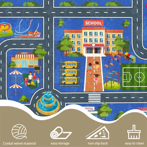 Vista 3 de Alfombra de coche de carretera para niños, 31 x 47 pulgadas, alfombra de pista de carreras de ciudad, alfombra de carreras para niños, alfombra