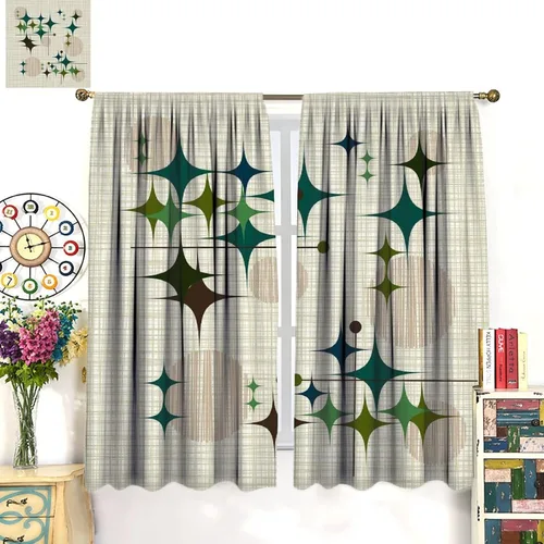 Vista 5 de Cortina de Ventana de Mediados de Siglo con Explosiones de Estrellas, Cortinas con Estampado de Inspiración Atómica para Sala de Estar Dormitorio