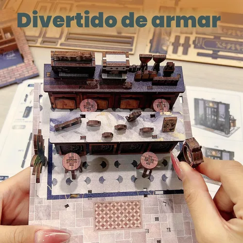 Vista 4 de Kit de rincón de libros para cafetería, kit de casa en miniatura con luz LED para adultos y adolescentes, rompecabezas de madera 3D, rincón