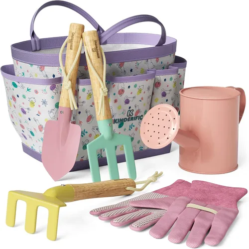 Vista 8 de Kinderific Juego de herramientas de jardinería, para niños, STEM, incluye bolsa de mano, pala, regadera, rastrillo, tenedor, paleta y guantes