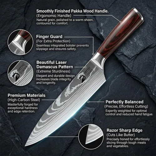 Vista 3 de Dfito Juego de cuchillos de cocina, 3 piezas de acero inoxidable de alto carbono con mango de madera de Pakkawood roja, juegos de cuchillos de chef