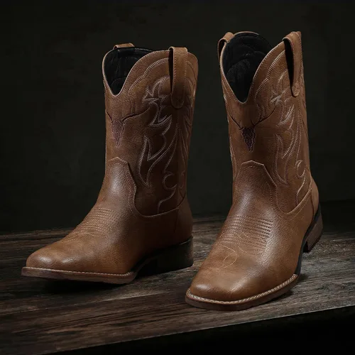 Vista 3 de Cowboy Boots for Men Square Toe Western Boots Retro Classic Embroidered Pull On Boot Marrón 002
