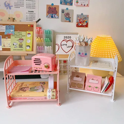Vista 7 de organizador de escritorio para cosméticos y papelería, estante multifuncional de 2 niveles, organizador de maquillaje para cuidado de la piel