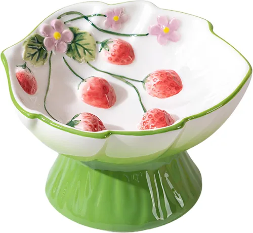 Vista 11 de Tazón elevado de comida para gatos con flores de fresa por PawsPik Rojo