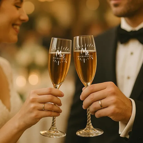 Vista 3 de Mr and Mrs - Juego de copas de champán con caja de madera grabada, elegantes copas de brindis de boda, regalo para novia y novio, compromiso