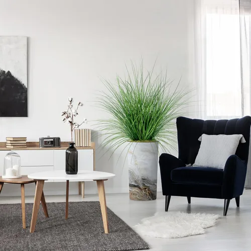 Vista 11 de Árbol artificial en macetero con efecto de granito moderno, palmera tropical areca artificial de seda para decoración del hogar en interiores