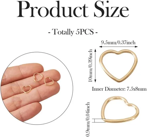 Vista 3 de Mega Pet 5 anillos de latón en forma de corazón, chapados en oro de 14 quilates, dije de latón de corazón hueco de San Valentín, dijes colgantes