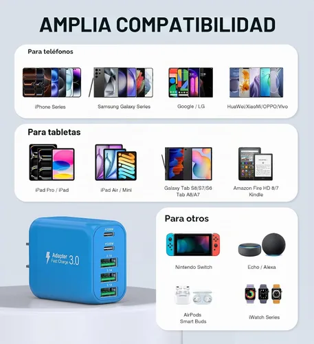 Vista 5 de Paquete de 2 Bloques Cargadores de Pared USB C, 60W Bloque de Carga Rápida C de 5 Puertos Adaptador de Corriente PD + QC 3.0 Cargador Cubo