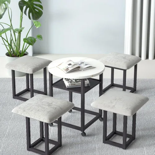 Vista 2 de Asiento de cubo 5 en 1 con ruedas giratorias y mesa auxiliar, sillas apilables para sofá, taburete, taburete otomano anidable, para sala de estar