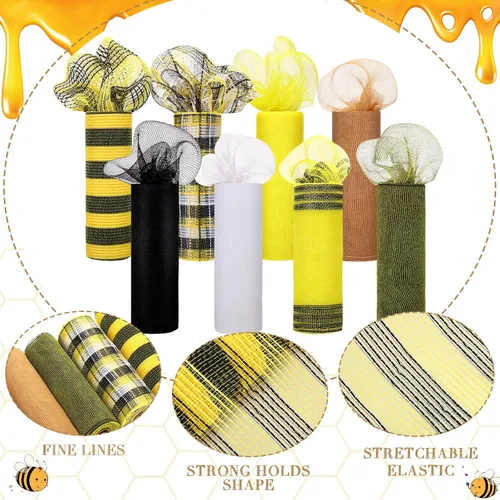 Vista 3 de Newwiee 8 rollos de cinta de malla para el Día de las Abejas de 10 pulgadas x 30 pies cada rollo, decoración para coronas y girasoles, cinta