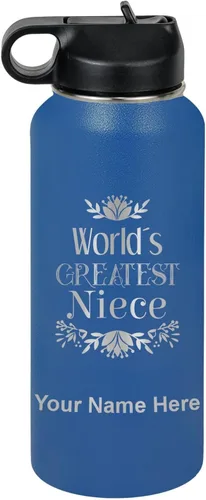 Vista 46 de LaserGram Botella de agua con tapa abatible de doble pared de 12 onzas con pajilla, sobrina más grande del mundo, grabado personalizado incluido