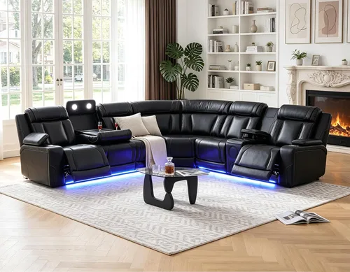 Vista 16 de Juego de sofá modular reclinable eléctrico para sala de estar, juego de sofá reclinable de cuero con luces LED / almacenamiento oculto, sofá