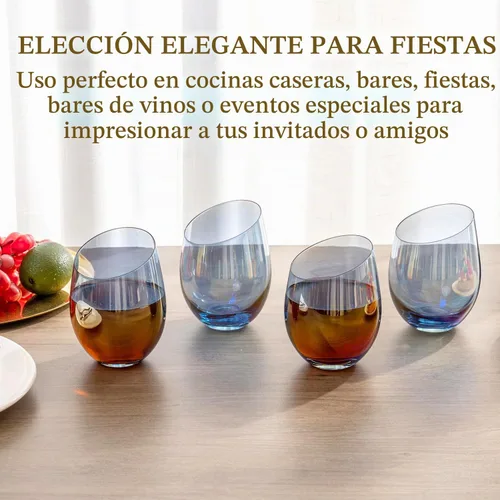 Vista 3 de MyGift Copas de vino modernas de 14 onzas sin tallo de vidrio azul iridiscente con borde en ángulo, cristalería transparente con tinte de brillo