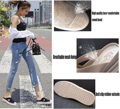 Vista 4 de Zapatos mule con plataforma de malla de encaje para mujer, mocasines de tul con bordado de flores, zapatos de pescador con suela gruesa, zapatos