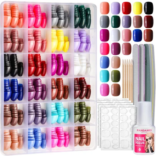 Vista 10 de FANDAMEI - Uñas de presión, 576 uñas postizas en 24 colores, uñas acrílicas de almendra de longitud media, cobertura completa, brillantes