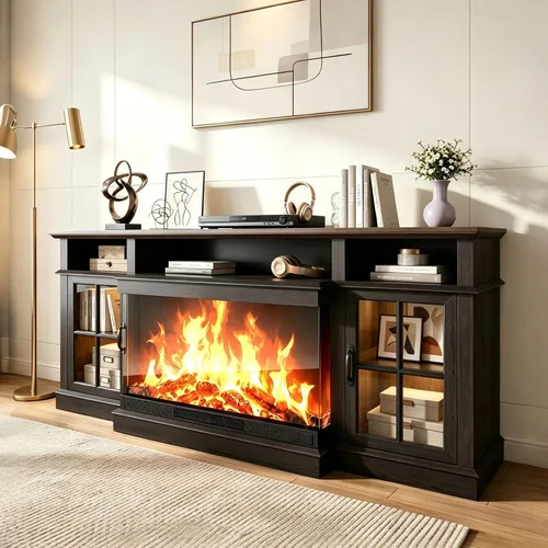 Vista 10 de Mueble de TV de estilo granja de 98" con chimenea de 36" para televisores de hasta 100", centro de entretenimiento multimedia con estantes 2-Blanco