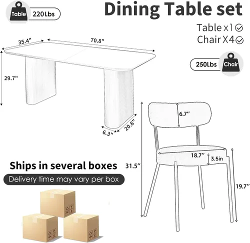 Vista 2 de Juego de mesa de comedor ovalada negra moderna de 70.9 pulgadas para 4, mesa de cocina rectangular estilo crema con sillas negras Boucle, juego