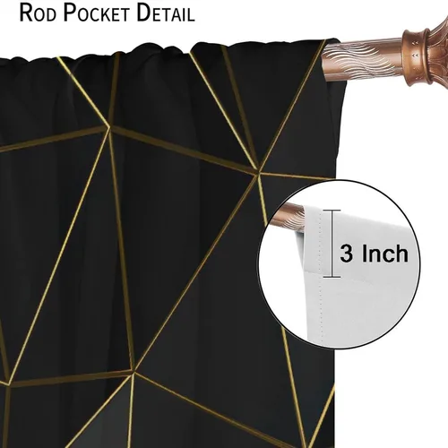 Vista 127 de Cortinas Negras con Dobladillo Dorado, Cortinas Opacas con Bolsillo para Barra con Estampado de Rayas de Foil en Onda Dorada para Decoración de Negro