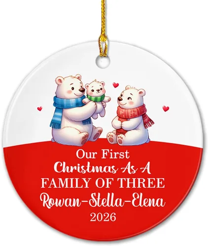 Vista 23 de Adorno de cerámica personalizado de cinco medias con nombres y año personalizados, nuestra primera Navidad como familia de cinco, nuestros primeros