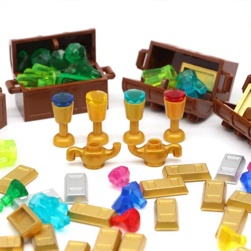 Vista 3 de Kit de cofre del tesoro pirata, juego de bloques de construcción de gemas Marrón