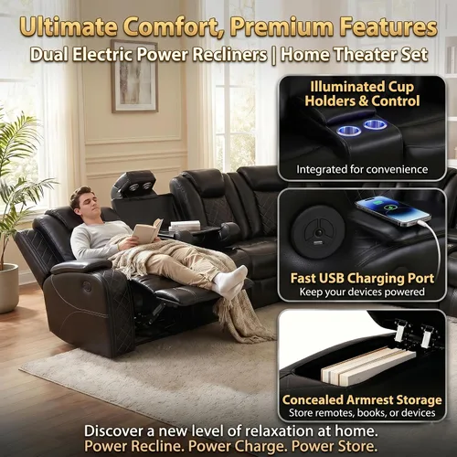 Vista 3 de Sofá seccional reclinable eléctrico con asiento de cine en casa con LED y puerto USB L Shaped Reclining Couch with Reading Lamp, Cup Negro