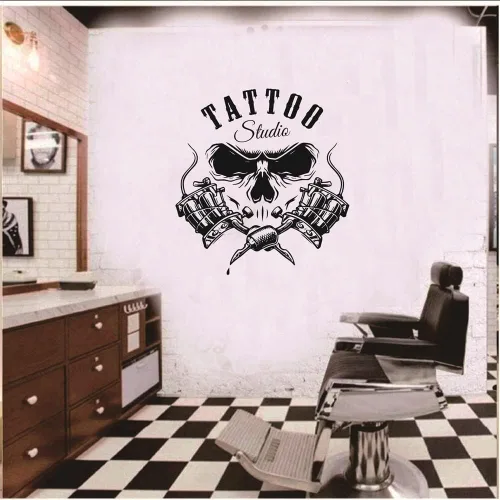 Vista 3 de Vinilo Tattoo Studio Logo Sign Wall Window Pegatina Negro