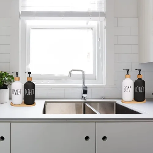Vista 9 de Juego de 4 dispensadores de jabón y loción de manos y platos blanco y negro con bandeja para decoración de granja para baño y fregadero de cocina