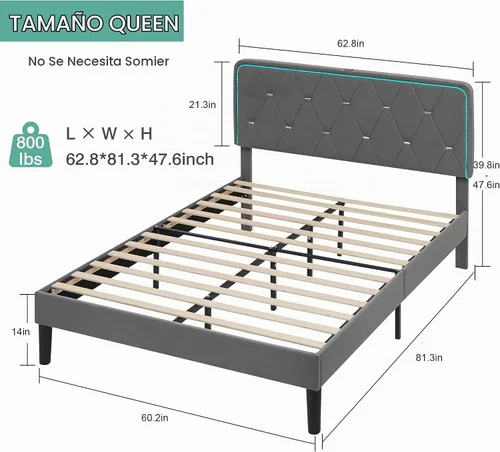 Vista 2 de VECELO Base de cama tamaño Queen tapizada con cabecera ajustable, plataforma de terciopelo con luces LED, estación de carga, base de colchón