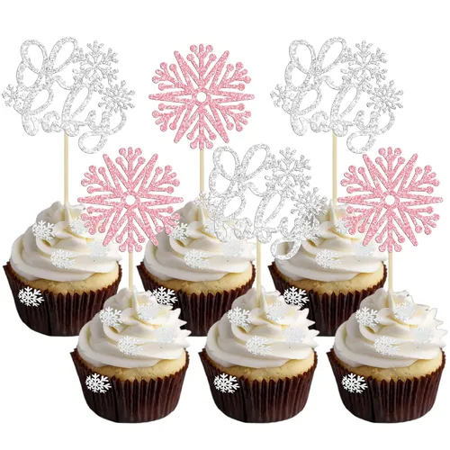 Vista 13 de Gyufise 24 adornos de copos de nieve Oh Baby para cupcakes con purpurina azul, decoración de pastel de baby shower congelado para baby shower