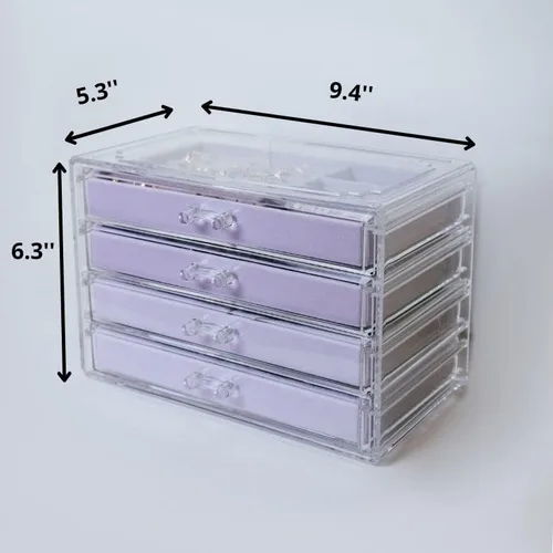 Vista 6 de The TopCherry Organizador de joyas de acrílico con 4 cajones, organizador de aretes, caja de joyería transparente, anillos, collares, pulseras