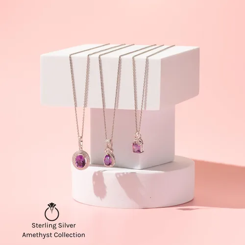 Vista 5 de Peora Collar con colgante solitario clásico de amatista para mujer, plata de ley 925, piedra preciosa natural, 2 quilates, corte princesa de 0.315