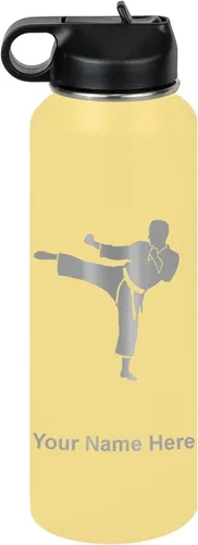 Vista 21 de Botella de agua personalizada LaserGram, Karate Man, de acero inoxidable con aislamiento al vacío de doble pared con tapa abatible, regalo grabado
