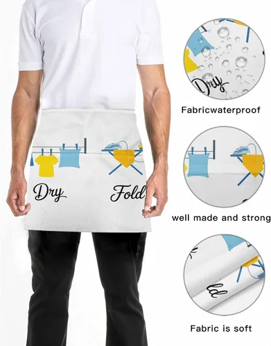 Vista 5 de DecorLovee Cartoon Laundry Room Waitress Apron with 3 Pockets, Modern Minimalist Server Aprons Waterproof Kitchen Restaurant Half Waist Apron for