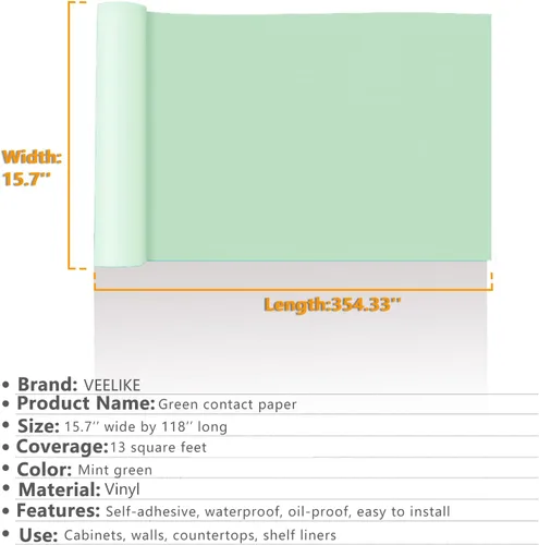 Vista 9 de VEELIKE Papel tapiz verde salvia de 15.7 x 118 pulgadas, despegar y pegar, removible, autoadhesivo, impermeable, papel de contacto verde salvia