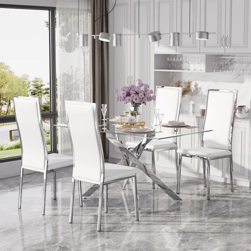 Vista 21 de Juego de mesa de comedor de cristal dorado moderno de 63 pulgadas para 6, juego de mesa de cocina rectangular de 7 piezas con patas de acero Negro