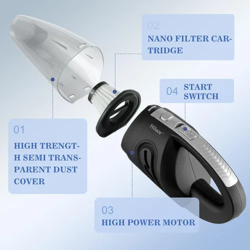 Vista 3 de Hiluce Aspiradora portátil inalámbrica para automóvil, aspiradora de mano de alta potencia para húmedo y seco, recargable por USB, ligera, bolsa