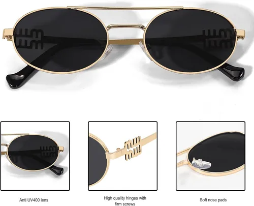 Vista 5 de Gafas de sol retro ovaladas de metal de los años 90 para mujer, elegantes y estrechas, doradas, modernas