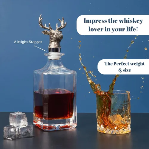 Vista 6 de Regent - Decantador de whisky de cuerpo recto – Tapón de cabeza de ciervo cromado, juego de regalo para bar por decantador de lujo para bourbon