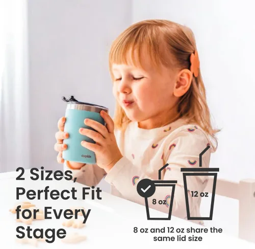 Vista 5 de CUPKIN - Taza apilable de acero inoxidable para niños, taza para batidos, tazas aisladas con recubrimiento en polvo, tapa libre de BPA y pajilla
