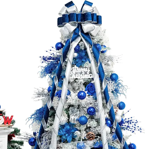 Vista 22 de Hismir Lazo grande de 53 x 13 pulgadas con serpentina de purpurina, lazos decorativos para árbol de Navidad, corona, puerta, festival, decoración