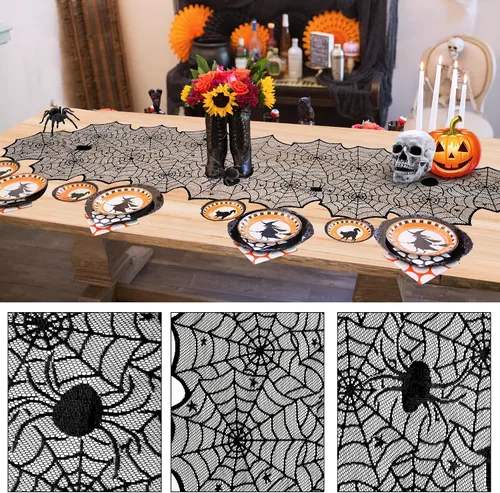 Vista 4 de Juego de decoraciones de Halloween para interiores – Decoración festiva de Halloween, pancarta colgante de remolinos y telaraña, camino de mesa