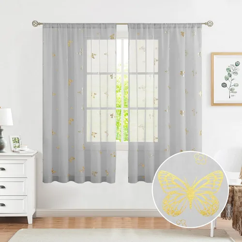 Vista 15 de Jubilantex Paneles de cortinas transparentes de mariposas negras y doradas de 52 pulgadas de ancho para dormitorio de niñas, elegantes cortinas