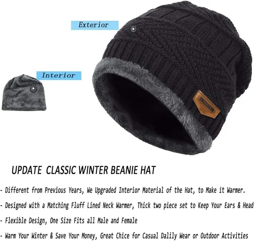Vista 4 de Juego de 2 piezas de gorro de invierno para hombre, bufanda gruesa con forro polar, gorro de calavera, gorro de invierno de punto cálido, calentador