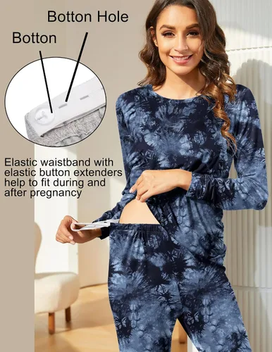 Vista 2 de Ekouaer Conjunto de ropa interior térmica de maternidad y lactancia, conjunto de pantalones largos de punto a rayas, capa base superior e inferior