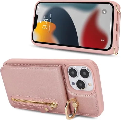 Vista 7 de Funda para iPhone 13 Pro Max, de piel sintética con tarjetero para mujer, 7 ranuras, función atril, absorbente de golpes, color oro rosa