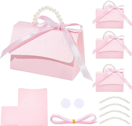 Vista 7 de BENECREAT Juego de 12 cajas de recuerdos de boda, caja de papel kraft rosa con mango de perla, cintas, calcomanías, cajas de regalo para cumpleaños