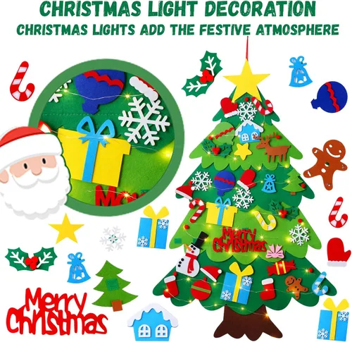 Vista 3 de YCoisini Árbol de Navidad de fieltro para niños pequeños, mi primer árbol de Navidad para niños de 0,9 m, 34 adornos para colgar en la pared