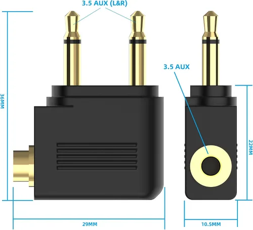 Vista 3 de HIEbee Adaptador doble de auriculares de avión macho a 0.138 in hembra chapado en oro (paquete de 2)