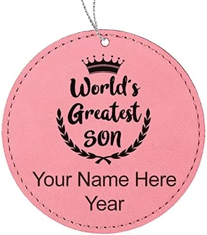 Vista 3 de LaserGram Adorno de Navidad personalizado, el hijo más grande del mundo, piel sintética, idea de regalo personalizada grabada con láser